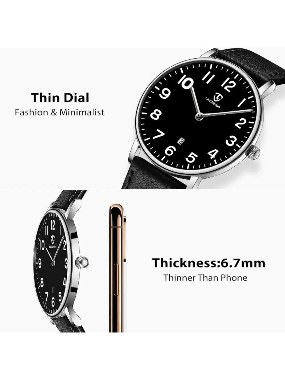 Men's Silver Black Leather Strap Analog Minimalist Fashion Simple Wrist Watch